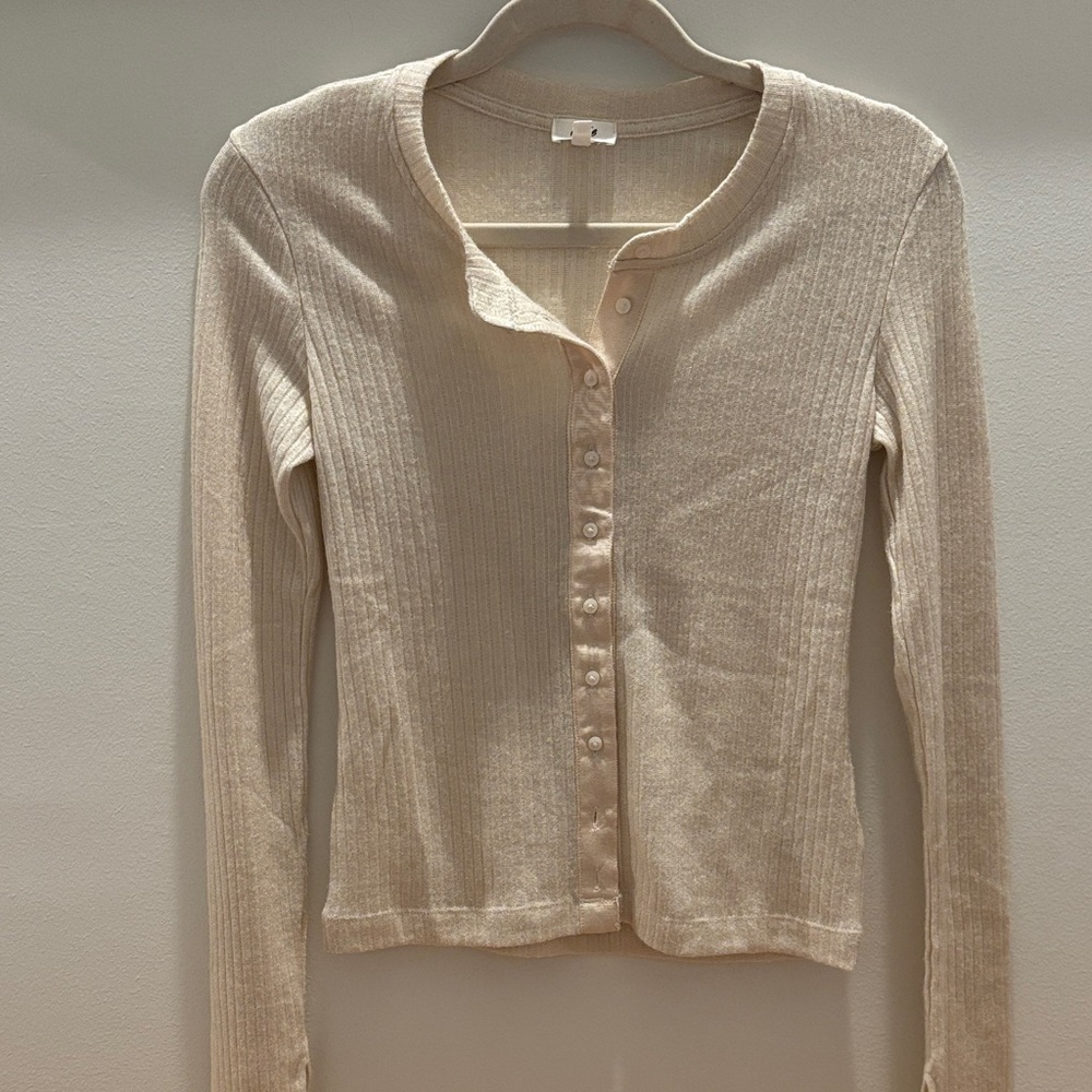 aerie Cream Ribbed Button-Down Long Sleeve Top - Picture 2 of 4